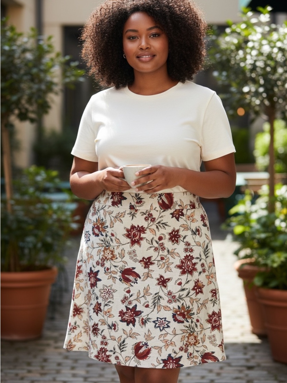 JESSICA petite linen blend  Floral A-Line Skirt in Cream and Red size 14petites